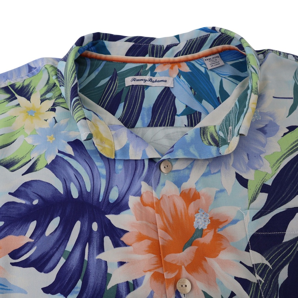 Tommy Bahama Mens XXXL Blue Tropical Floral Monstera Leaf Silk Blend Camp Shirt